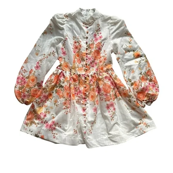 Mainstrip Amy Floral Print Dress Long Sleeve Holiday Mini White Medium No Belt - Picture 5 of 15